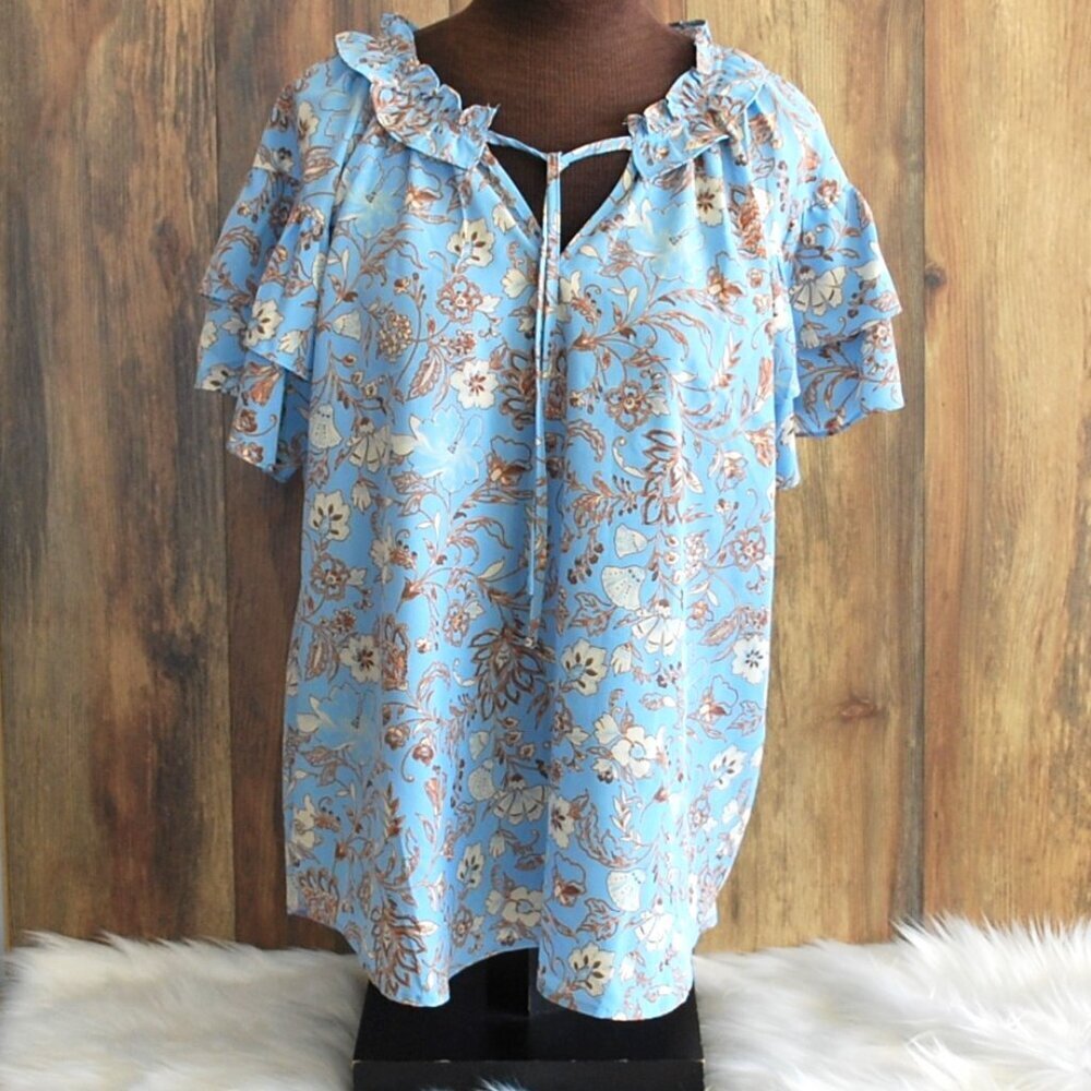 Umgee USA Women's Plus Size Blouse Blue Flower 1XL